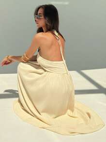 Aloruh Women's Summer Sexy Beach Vacation Style Solid Color Chest Ruched Backless Halter Dress - Apricot - View 7