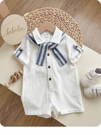 Baby Boy/Girl Casual Academy Resort Solid Color Short Sleeve Shirt, Striped Shawl Romper, Suitable For Spring/Summer Wear, Indoor And Outdoor