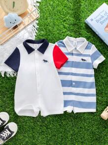 2pcs/Set Newborn Baby Boy Adorable Summer Stripe Patchwork Short Sleeve Polo Collar Romper Outfit, Suitable For Birthday Party, Evening Party, Performance, Wedding, Baby Shower, 1 Month, 1st Birthday Celebration