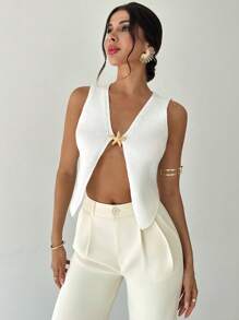 Firerie Women's Summer New Elegant Minimalist Beach Vacation Wear White V-Neck Sleeveless Tank Top With Metal Star Decor Knitted Sweater - White - View 4