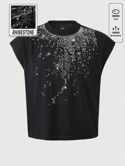 ROMWE Avant Camiseta de tirantes holgada y corta con decoración de diamantes para hombre