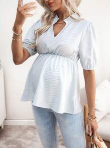 SHEIN Maternity Casual V-Neck Striped Shirt For Summer