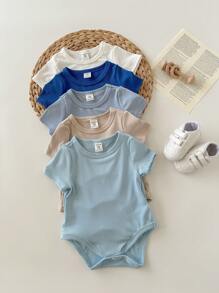 5 Stück/Set Neugeborene Baby Jungen/Mädchen blaue Kurzarm Sommer weiche Rundhals ärmelloser Strampler, vielseitig einsetzbar für Lässig, Innen- und Außenbereich