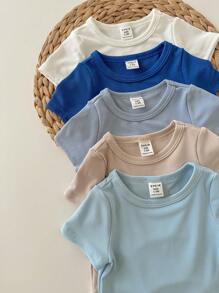 5 Stück/Set Neugeborene Baby Jungen/Mädchen blaue Kurzarm Sommer weiche Rundhals ärmelloser Strampler, vielseitig einsetzbar für Lässig, Innen- und Außenbereich