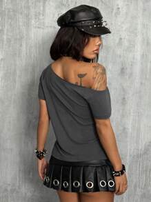 Coolane 女式字母印花不对称领短袖修身T恤，夏季 - 灰色 - 查看 2