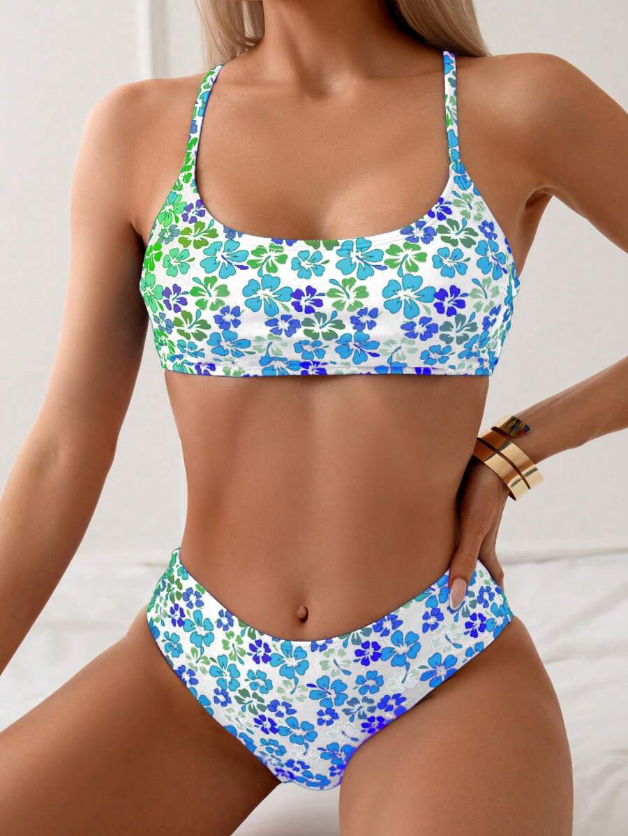 SHEIN Swim Set Bikini Wanita Motif Bunga dengan Tali Bahu Tipis untuk Liburan Pantai Musim Panas - MultiWarna - View 1