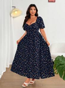 Flirla Váy đi biển ren hoa thanh lịch gợi cảm cỡ lớn - Màu xanh hải quân - Xem 4
