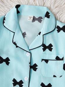 2pcs/Set Girls' Apricot Butterfly Print Long Sleeve Cardigan And Long Pants Casual Comfy Pajamas Bow Pajamas Fall Winter - Blue - View 6