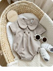 Macacão Casual de Cor Sólida para Bebê Recém-Nascido Menino com Gola Peter Pan, Adequado para Festa de Aniversário, Festa da Noite, Apresentação, Casamento, Comemoração de 1 Mês, Batizado e Chá de Bebê do 1º Aniversário, Verão