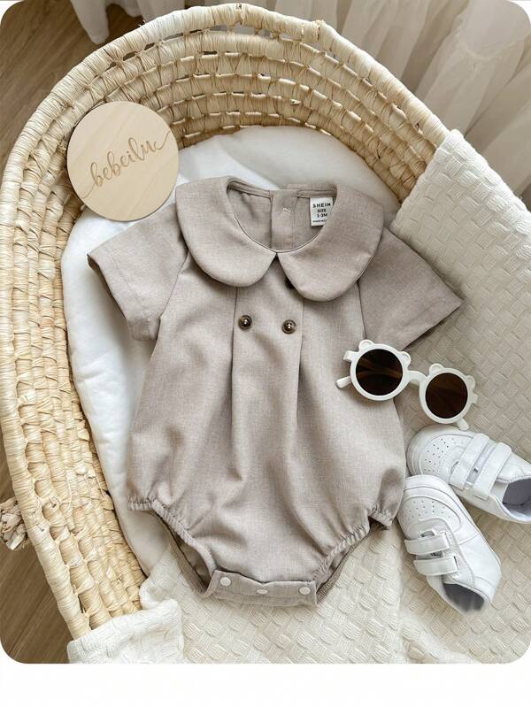 Newborn Baby Boy Casual Solid Color Romper With Peter Pan Collar, Suitable For Birthday Party, Evening Party, Performance, Wedding, 1 Month Celebration, Baptism And 1st Birthday Baby Shower, Summer