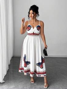 Elenzga Plus Size Women Summer Holiday Butterfly Print Twist Knot Strap Dress - White - View 1