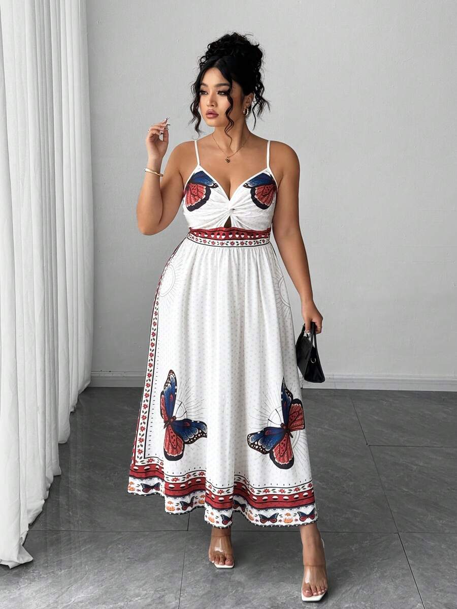 Elenzga Plus Size Women Summer Holiday Butterfly Print Twist Knot Strap Dress - White - View 1