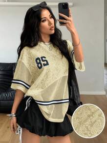 Coolane Women's Spring/Summer Festival Streetwear Athleisure Breathable Mesh Number Pattern Textured Patchwork Banded Texture Decoration T-Shirt
