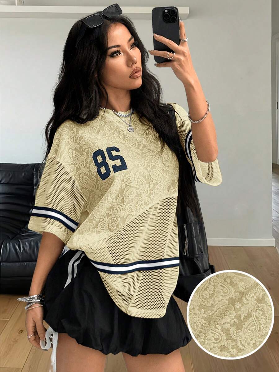 Coolane Women's Spring/Summer Festival Streetwear Athleisure Breathable Mesh Number Pattern Textured Patchwork Banded Texture Decoration T-Shirt