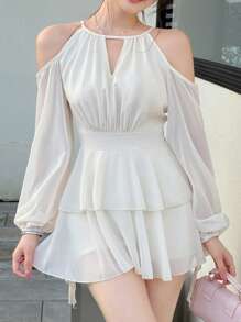 Celisse Women's Beige Keyhole Neckline Mini Dress Casual Woven Tiered Dress With Long Sleeves And Cold Shoulder Detail Fall Cloth For Women