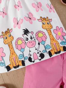 SHEIN Bộ đồ không tay in họa tiết động vật dễ thương dễ thương cho bé gái kết hợp với quần short màu hồng cho mùa hè - Hồng - Xem 7