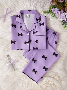 SHEIN 2件套女童杏色樱桃印花长裤短袖休闲宽松睡衣套装 - 紫色 - 查看 5