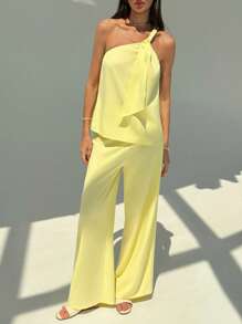 Aloruh Set de 2 piezas para mujer de top minimalista de un solo hombro en unicolor y pantalones holgados de pierna ancha, para verano - Amarillo - Ver 6
