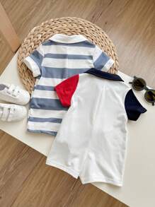 2pcs/Set Newborn Baby Boy Adorable Summer Stripe Patchwork Short Sleeve Polo Collar Romper Outfit, Suitable For Birthday Party, Evening Party, Performance, Wedding, Baby Shower, 1 Month, 1st Birthday Celebration