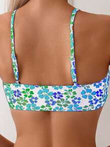 SHEIN Swim Set Bikini Wanita Motif Bunga dengan Tali Bahu Tipis untuk Liburan Pantai Musim Panas - MultiWarna - View 4