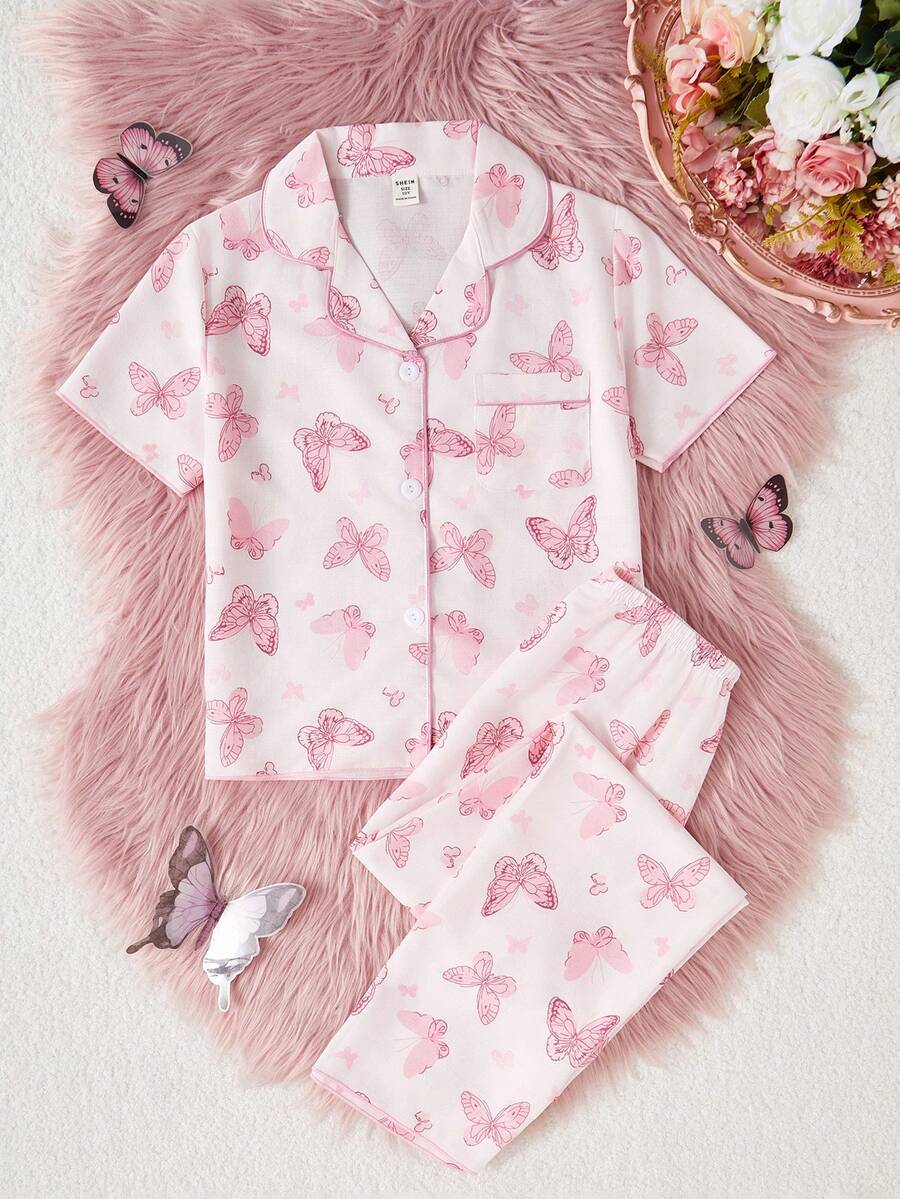 SHEIN 女童舒适纹理面料紫色蝴蝶印花长裤和短袖宽松休闲两件套睡衣套装 - 淺粉色 - 查看 1