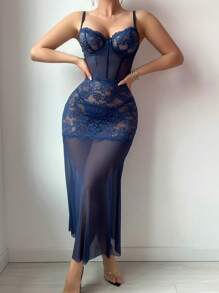 SHEIN 2 件套优质蕾丝撞色网眼长裙和丁字裤紧身衣套装，适合外出穿着 - 藏蓝色 - 查看 5