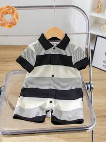 Newborn Baby Boy Summer Cute Knit Striped Short Sleeve Romper, Suitable For Birthday Party, Evening Party, Performance, Wedding, One-Month, Christening And 1st Birthday Celebration, Baby Shower