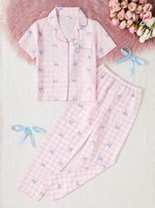 SHEIN Bộ 2 món quần dài thoải mái in họa tiết quả anh đào cho bé gái và áo tay ngắn, thích hợp làm đồ mặc ở nhà - Nhiều màu - Xem 8