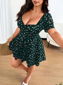 Flirla Plus-Size Women's Collar Lace Trim A-Line Print Party Jumpsuit - Dark Green - View 1