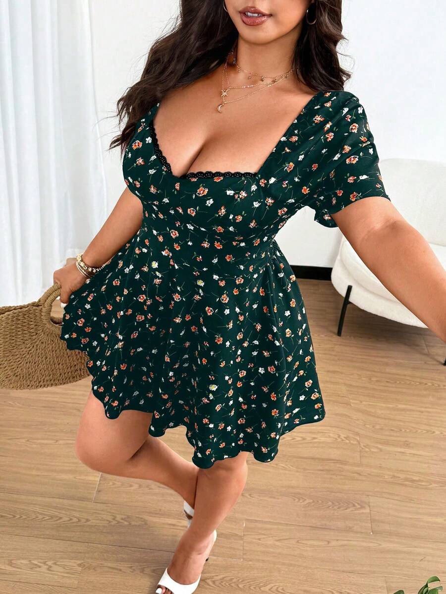 Flirla Plus-Size Women's Collar Lace Trim A-Line Print Party Jumpsuit - Dark Green - View 1