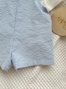 2 件套男婴/女婴夏季蓝白条纹背带短裤配渔夫帽，休闲装，适合居家、度假、海滩 - 藍白色 - 查看 4