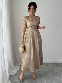 Chiquease Women's Fashionable & Elegant Vacation Dress, Short Sleeve, Cross V-Neck, Shoulder Pleats, Waist Ruching, A-Line, Zipper, Gold Shiny Fabric, Spring/Summer - Gold - View 3