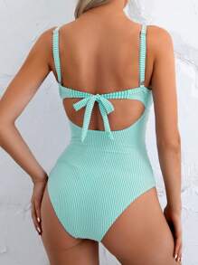 Swim Basics 女式性感条纹连体泳衣，前开式镂空，后系带 - 薄荷綠 - 查看 2