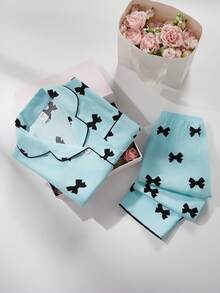 2pcs/Set Girls' Apricot Butterfly Print Long Sleeve Cardigan And Long Pants Casual Comfy Pajamas Bow Pajamas Fall Winter - Blue - View 3