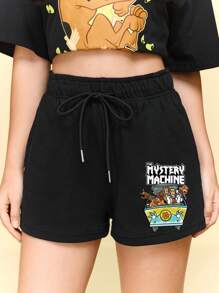 SCOOBY-DOO X SHEIN 女士卡通图案抽绳腰口袋夏季休闲短裤