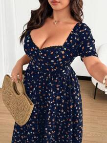 Flirla Váy đi biển ren hoa thanh lịch gợi cảm cỡ lớn - Màu xanh hải quân - Xem 6