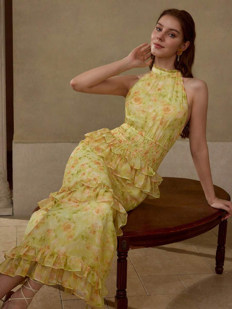 MOTF PREMIUM VESTIDO FRUNCIDO CON VOLANTES Y ESTAMPADO FLORAL - Amarillo - Ver 1