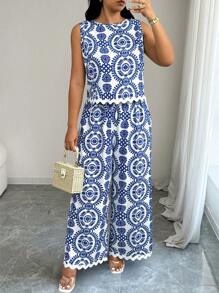 Elenzga Duży rozmiar, nadruk, swobodny, wakacyjny i dojazdowy, 2-częściowy zestaw - Niebieski - Zobacz 7