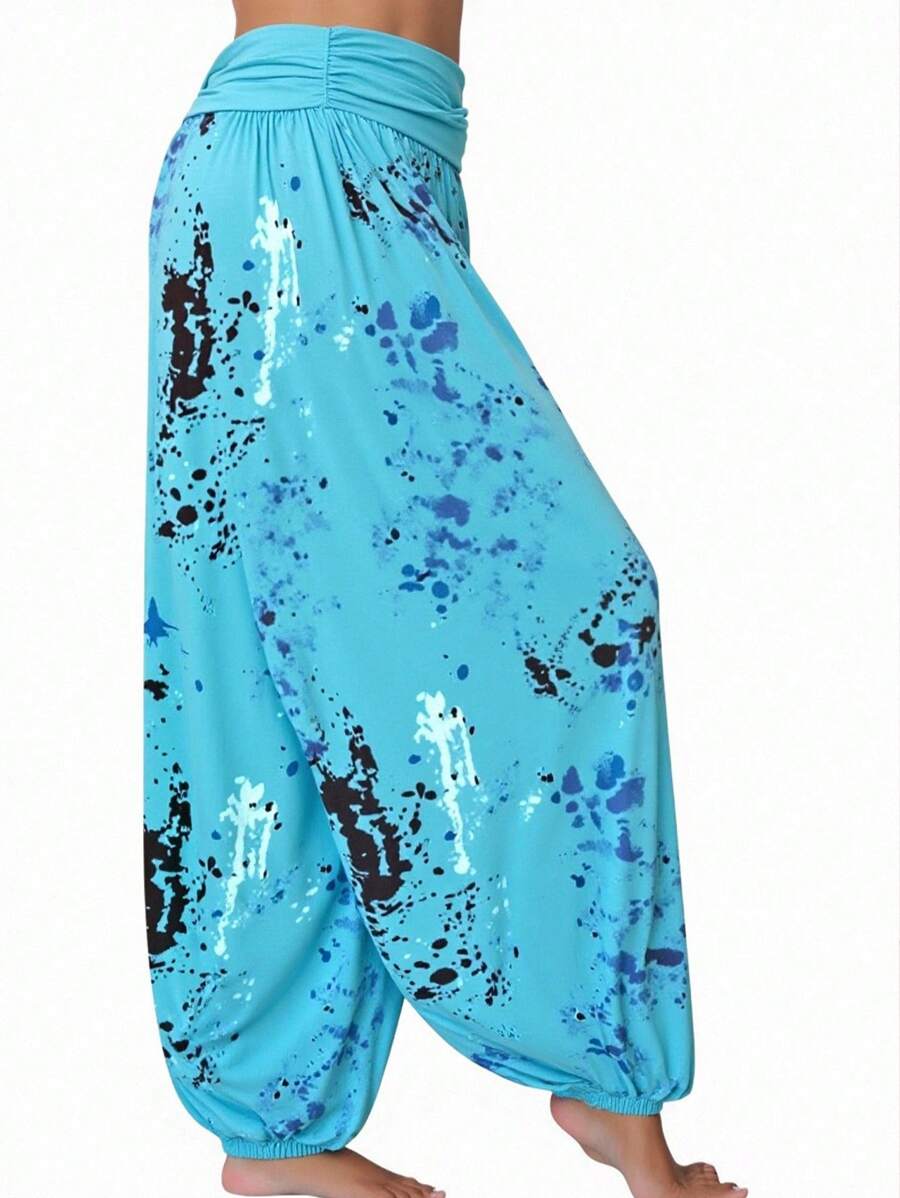 SHEIN Große Größen Hosen für Damen mit Farbverlauf-Blume Muster, hoher Taille, Taschen und verjüngtem Bein für den Urlaub im Sommer, regular fit, für Frühling/Sommer/Herbst