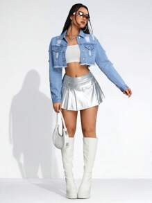 SHEIN 时尚休闲破洞毛边短款牛仔夹克