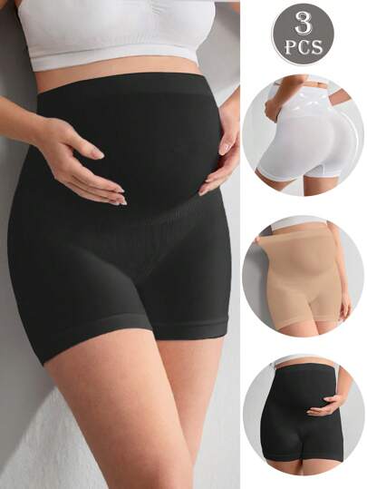 SHEIN 3件装女士无缝纯色高腰孕妇提臀腹部支撑防止大腿擦伤短裤塑身内衣