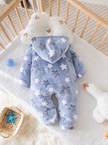 Baby Boys Blue Warm Thermal Lined Star Print Hooded Zipper Front Jumpsuit, All-Match Outfit For Fall & Winter - Blue - View 7