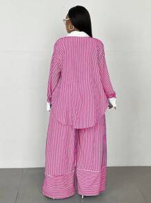 Maweii 大码休闲通勤条纹衬衫和裤子两件套