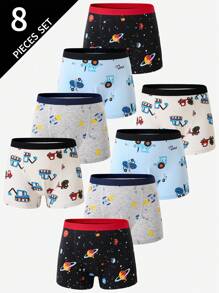 8件装 男童柔软棉质可爱火箭和汽车印花三角裤 男童平角裤 儿童开学时尚