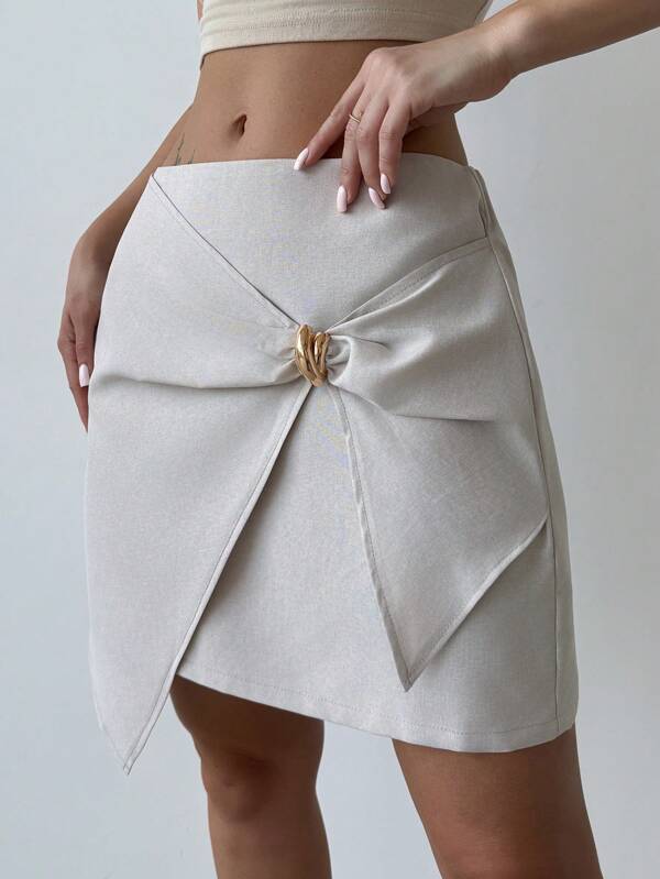 Firerie Minifalda elegante y casual de mezcla de lino para mujer, con dobladillo asimétrico y decoración metálica, adecuada para ir al trabajo, vacaciones, playa, versátil, verano