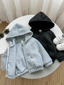 2pcs Baby Boy & Baby Girl Casual Solid Color Hooded Jacket Set, Grey Hoodie & Black Hoodie, Suitable For Autumn & Winter - Multicolor - View 6