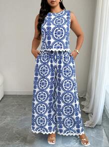 Elenzga Duży rozmiar, nadruk, swobodny, wakacyjny i dojazdowy, 2-częściowy zestaw - Niebieski - Zobacz 4