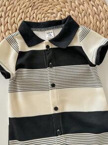 Newborn Baby Boy Summer Cute Knit Striped Short Sleeve Romper, Suitable For Birthday Party, Evening Party, Performance, Wedding, One-Month, Christening And 1st Birthday Celebration, Baby Shower