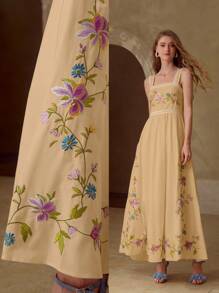 MOTF PREMIUM LINEN EMBROIDERY CONTRAST TRIM DRESS