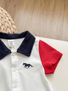 2pcs/Set Newborn Baby Boy Adorable Summer Stripe Patchwork Short Sleeve Polo Collar Romper Outfit, Suitable For Birthday Party, Evening Party, Performance, Wedding, Baby Shower, 1 Month, 1st Birthday Celebration
